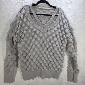 Textured Grey V-Neck Sweater Size XL